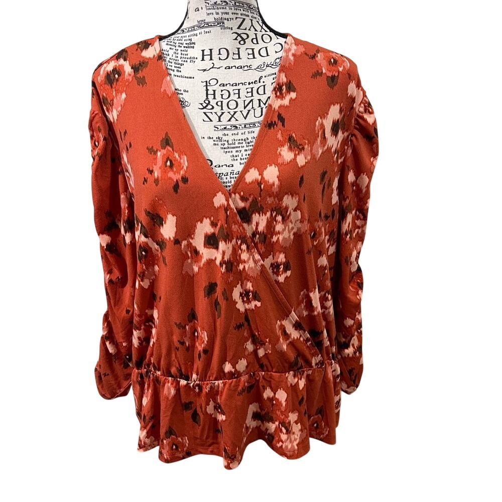 Cato Floral V-Neck Blouse - Orange and Black